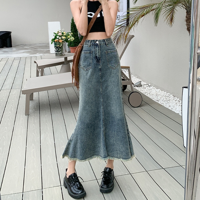 CHAOHES  กระโปรงยีนส์ S-2XL  ผ้าไม่ยืด  ลมเกาหลีเอวสูง  หางปลา  กระโปรงยาว ตกแต่งรูปร่างให้ดูผอม