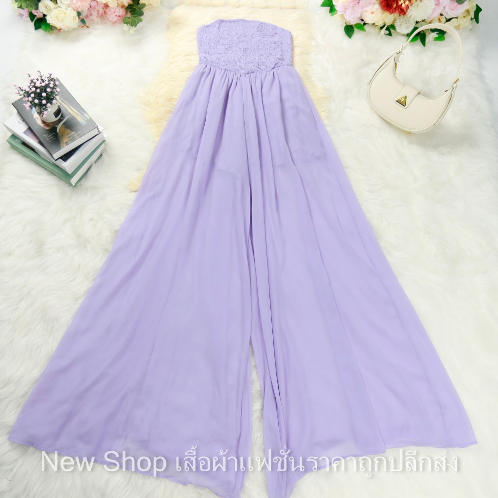 ชุดจัมพ์กางเกง สีม่วงพาสเทล เกาะอก ผ้าชีฟอง ความยาวชุด=56