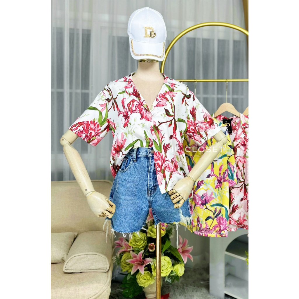 เสื้อเชิ้ต lll Freesize lll MARUAY009 เสื้อเชิ้ต ปกฮาวาย ลายดอก แขนสั้น เนื้อผ้าไหมอิตาลี พิมพ์ลาย ใส่สบาย ไม่ร้อน