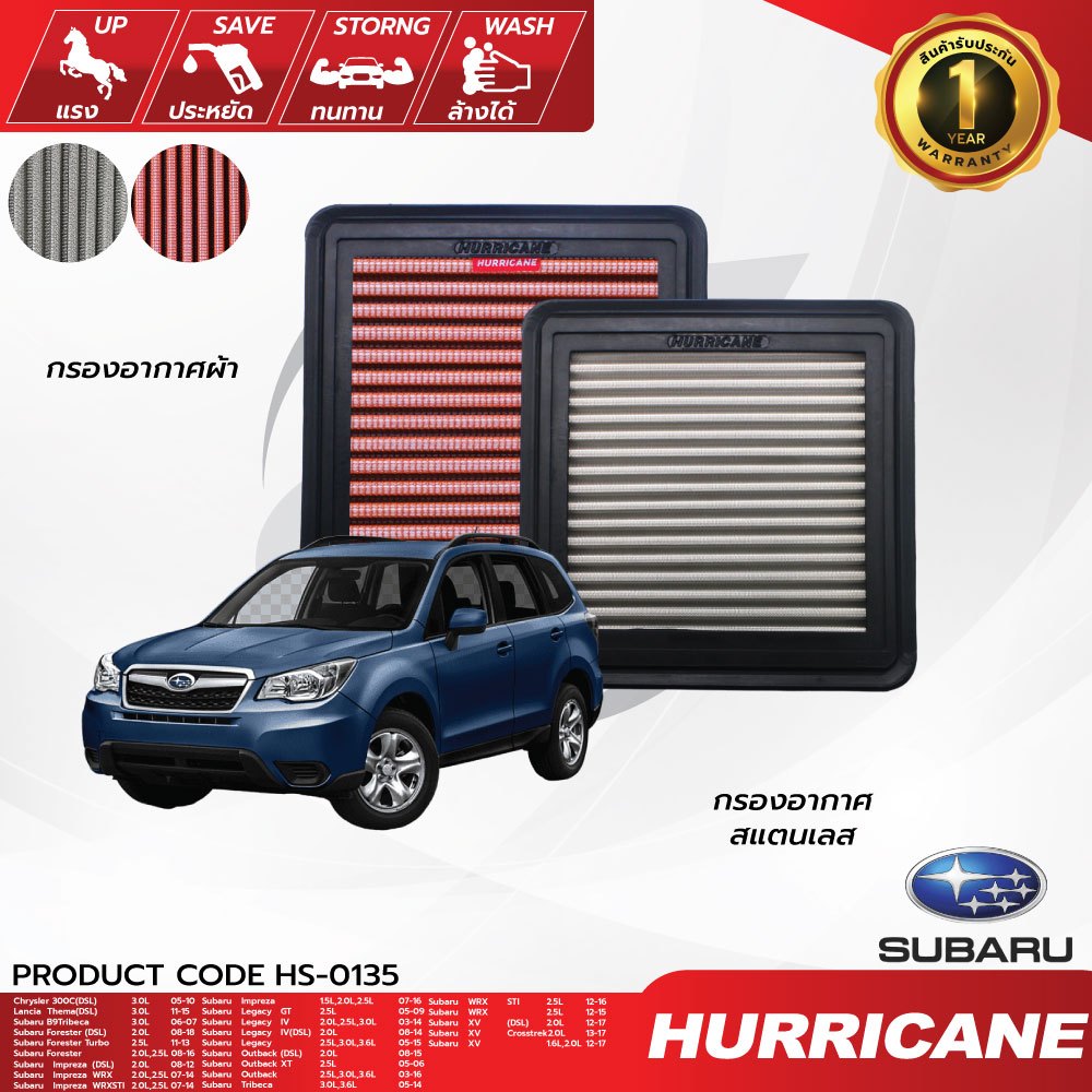 HURRICANE กรองอากาศรถยนต์ผ้าแดง & สแตนเลส Subaru Impreza , XV , Forester SK HS-0411