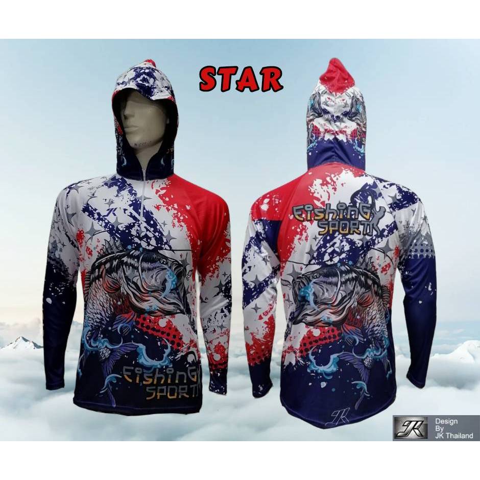 เสื้อตกปลาแบบฮูด ป้องกันรังสี UV 80% แห้งเร็ว ระบายอากาศได้ แห้งเร็ว สบาย ทุกเพศ