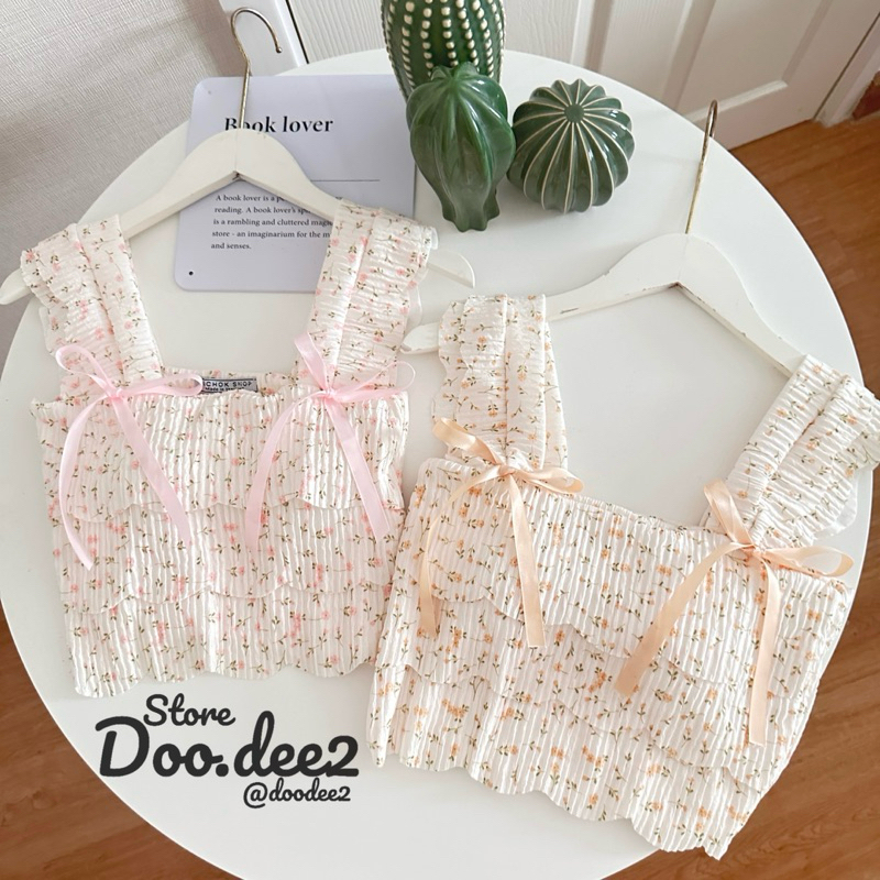 ♦️DOODEE2♦️เสื้อครอปกล้าม ผูกโบว์ริบบิ้น 2 ข้าง ผ้าท็อปฟี่พิมพ์ลาย