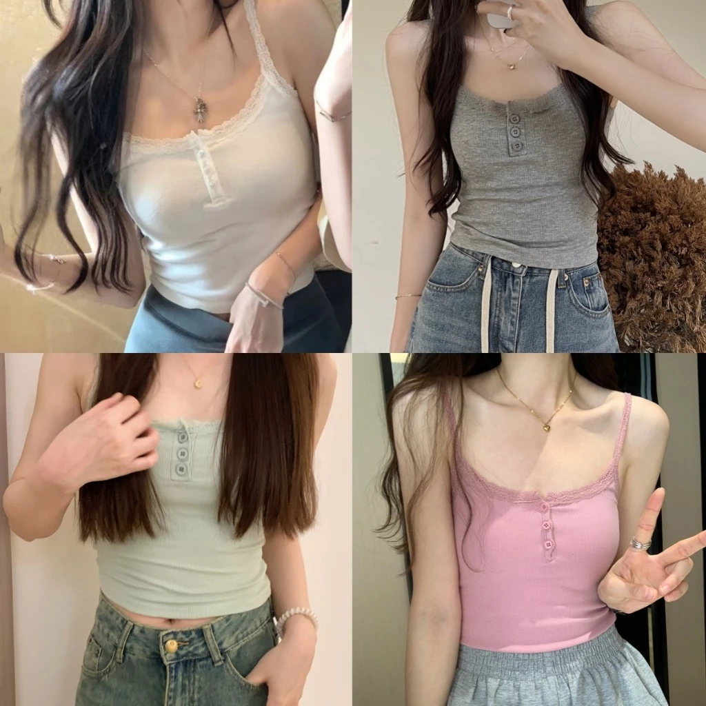 🌸เสื้อครอป เสื้อกล้าม สายเดี่ยว ส์มีฟองน้ำในตัว🌹เสื้อไปทะเล สายเดี่ยวลูกไม้ เซ็กซี่👍ใส่สบาย #OJ0111