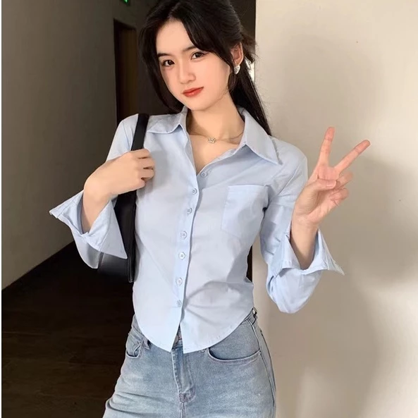 ใหม่ เสื้อเชิ้ต แขนยาว สีพื้น เอวลอย แฟชั่นฤดูใบไม้ผลิ สําหรับผู้หญิง#A90