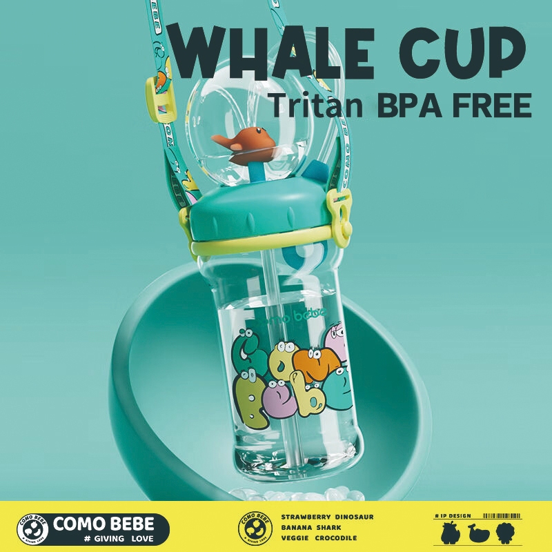 COMO BEBE แก้วดูดน้ำเด็กพร้อมสายสะพาย รุ่นปลาวาฬพ่นน้ำ 350ml ขวดน้ำเด็กพกพา วัสดุ tritan Bpa free