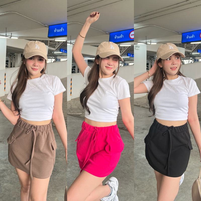 🌈SpinnyHouse🌈กระโปรงสั้น ทรงเอกระเป๋าคาร์โก้ ผ้าวูลเวฟ 🥰 กระเป๋าข้างใช้งานได้จริง สไตล์ y2k  รุ่น กร