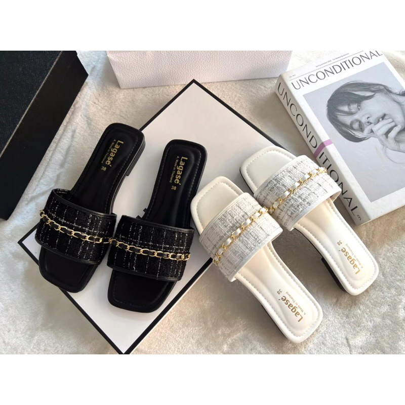 🌟Afashion💫รองเท้าแตะแบบสวมแต่งอะไหล่โซ่ทอง สวยเก๋มากค่ะ(36-45)พร้อมส่งนะคะ