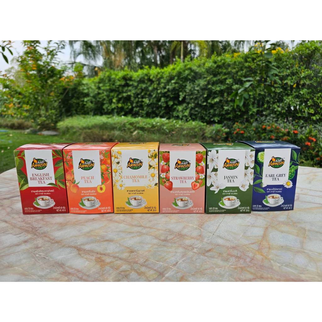 ชาชงพร้อมดิ่ม คาเฟ่ อเมซอน มีทั้งหมด 6 กลิ่น ใน 1 กล่องบรรจุ 20ซอง