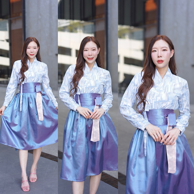 ✨BORAUNNII✨ ชุดฮันบกประยุกต์ โทนฟ้าอ่อน ผ้าใส่สบาย Modern Hanbok