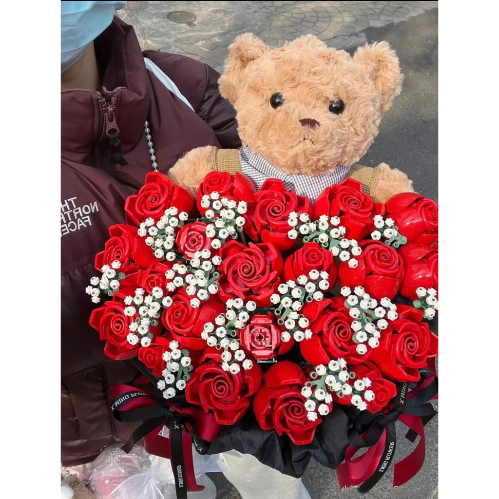 [ พร้อมส่ง (เซตกุหลาบ 12 ดอก+ยิบโซแซม) งานละเอียด ] บล๊อกตัวต่อชุดดอกกุหลาบ ช่อดอกไม้อมตะ ของขวัญวันวาเลนไทน์