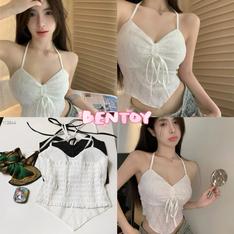 Bentoy(bratop9064)เสื้อสายเดี่ยวมีฟองน้ำ ผ้าลูกไม้ ทรงสามเหลี่ยม สม็อคหลัง แต่งสายรุดหน้าอก