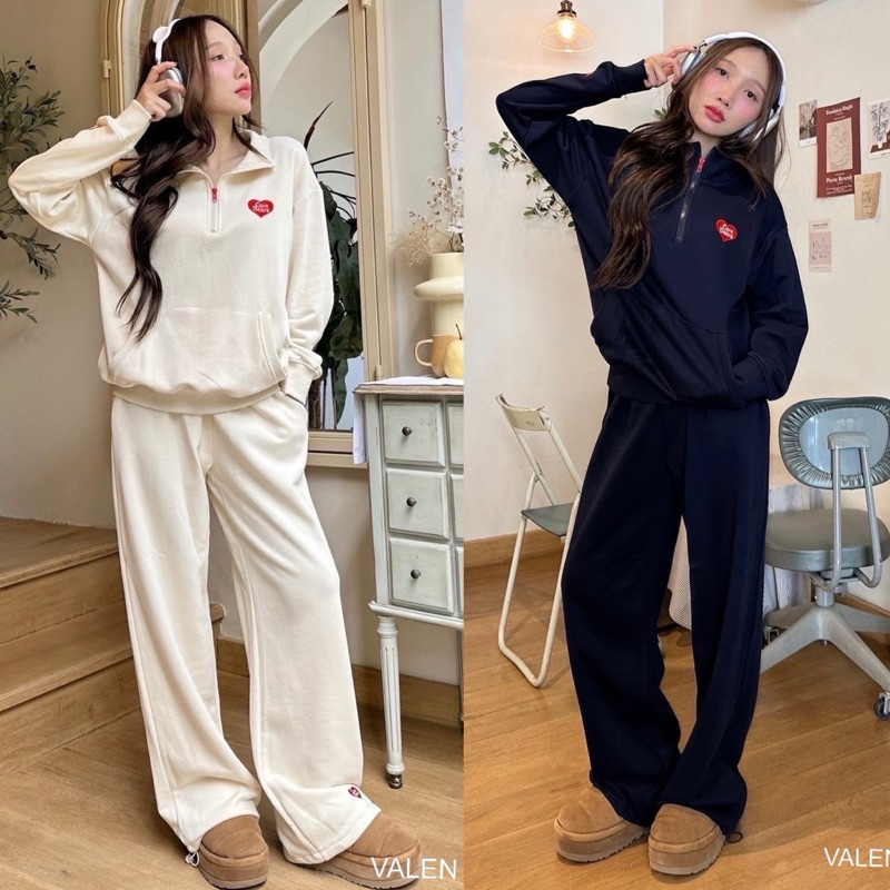 พร้อมส่ง CAREBEAR ชุดเซ็ทสปอร์ต สุดคิ้วท์ เสื้อคอปกแต่งซิปหน้า ดีเทลปักลายหัวใจทั้งเสื้อและกางเกง