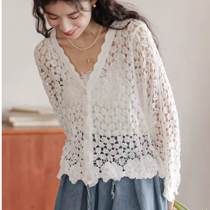 fashiongirl1688 เสื้อถักลายฉะลุดอกไม้ แขนยาว คอวี แต่งแต้มกระดุม ทรงสวย เนื้อนิ่ม ใส่คลุมพร้อมส่ง