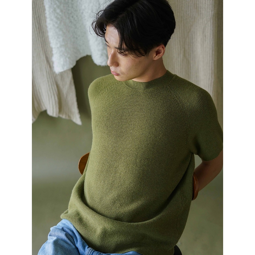 knitCircle - JOHN Knit T-Shirt (4 สี) Men's collection เสื้อยืดไหมพรมแขนสั้น ทรงพอดีตัว ลายทอริบแนวตั้ง_HIM03