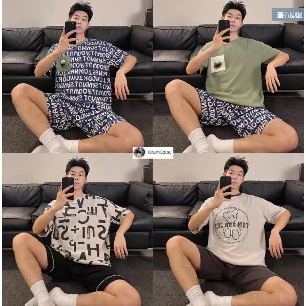 (ราคาถูกที่สุด) ชุดนอนผู้ชาย，ชุดนอน 2 ชุด， ผ้าฝ้ายคุณภาพสูง， ลายการ์ตูน，ขาสั้น+เสื้อยืด，L-3XL