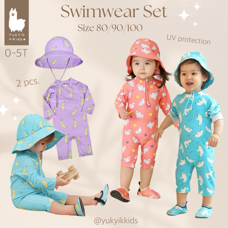[พร้อมส่ง]ชุดว่ายน้ำเด็กเล็ก จั๊มสูท+หมวก กันUV มีลายน่ารัก 6เดือน-5 ขวบ