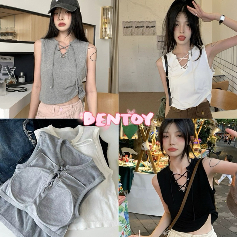 bentoy(bratop2300)เสื้อกล้ามไหมพรม มีฟองน้ำ หน้าวี ครอปท็อป แมทช์ง่าย