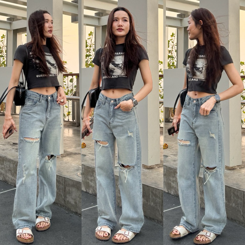 Sunset Jeans V.ll กางเกงยีนส์ขากระบอก แต่งขาดเซอร์ๆ ฟอกสีสนิมสวยมาก ยีนส์ไม่ยืด