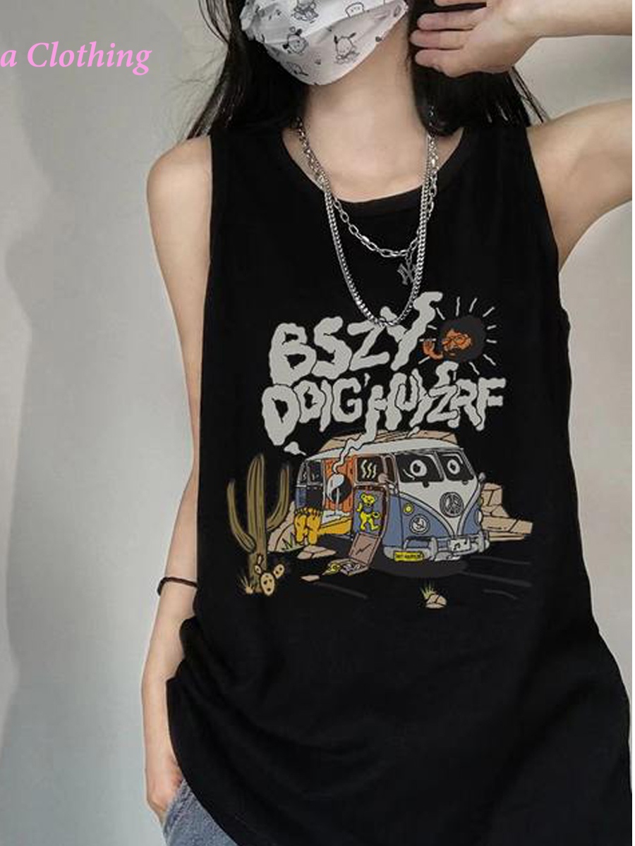 Papaya เสื้อยืดแขนกุดสกรีนลายสุดเท่ห์ ทรงเบสิคแมตช์ง่ายชิลๆ ผู้หญิง Clothing