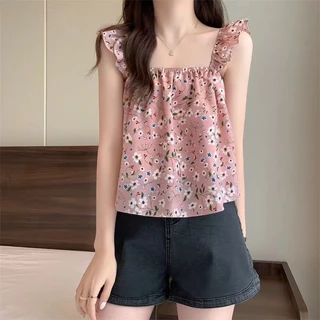 (ใหม่/พร้อมส่ง#M2251)เสื้อแฟชั่นสายเดี่ยวแบบวัยรุ่นลายดอกไม้น่ารัก เนื้อผ้าดี สไตส์เกาหลี