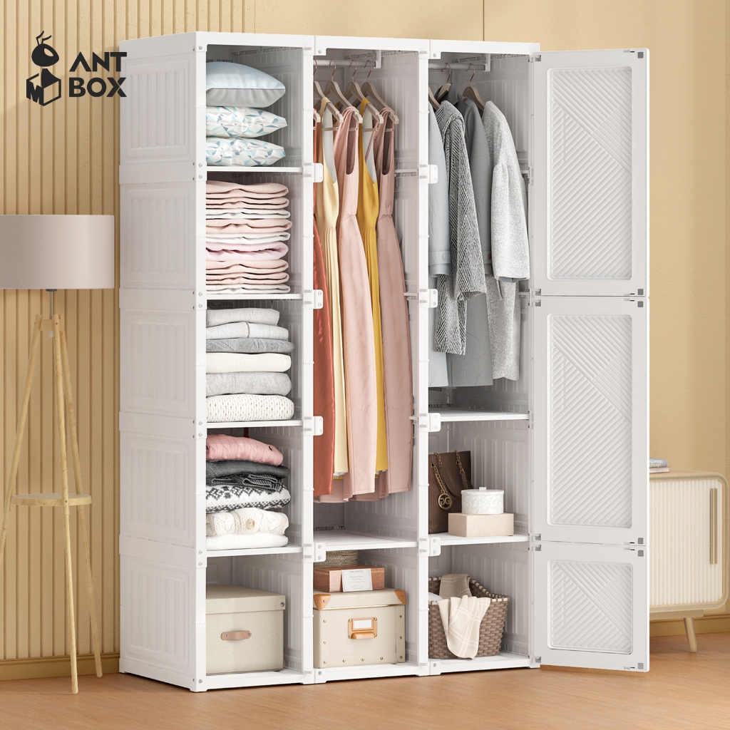 ANTBOX ตู้เสื้อผ้า 15 ช่อง 2 แขวน สีขาว ชั้นใส่เสื้อผ้า เอนกประสงค์ พลาสติกแข็ง พับเก็บได้ ประหยัดพื้นที่ ประกอบง่าย