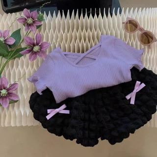 Babyonline(Y342)E3 (ส่งด่วน1วัน)ชุดเซ็ตเสื้อแขนสั้นกางเกงขาสั้นทรงบอลลูนแต่งโบว์สุดน่ารัก ผ้านิ่ม