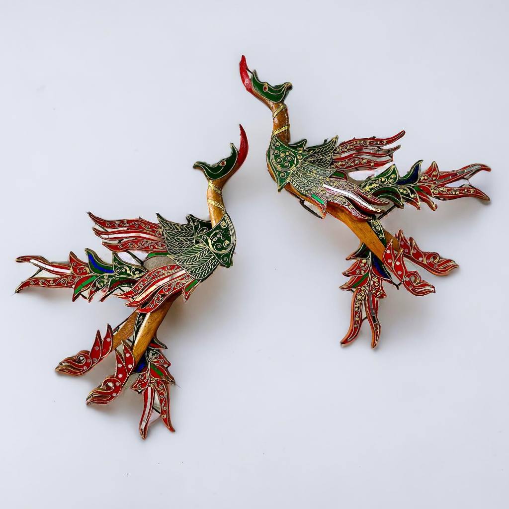 หงส์ไม้แกะสลัก (1คู่) ขนาด 50x40 cm. นกแขวนผนัง งานไม้แต่งบ้าน งานเชียงใหม่ Wooden Carved Peacock Swan Thai Handmade