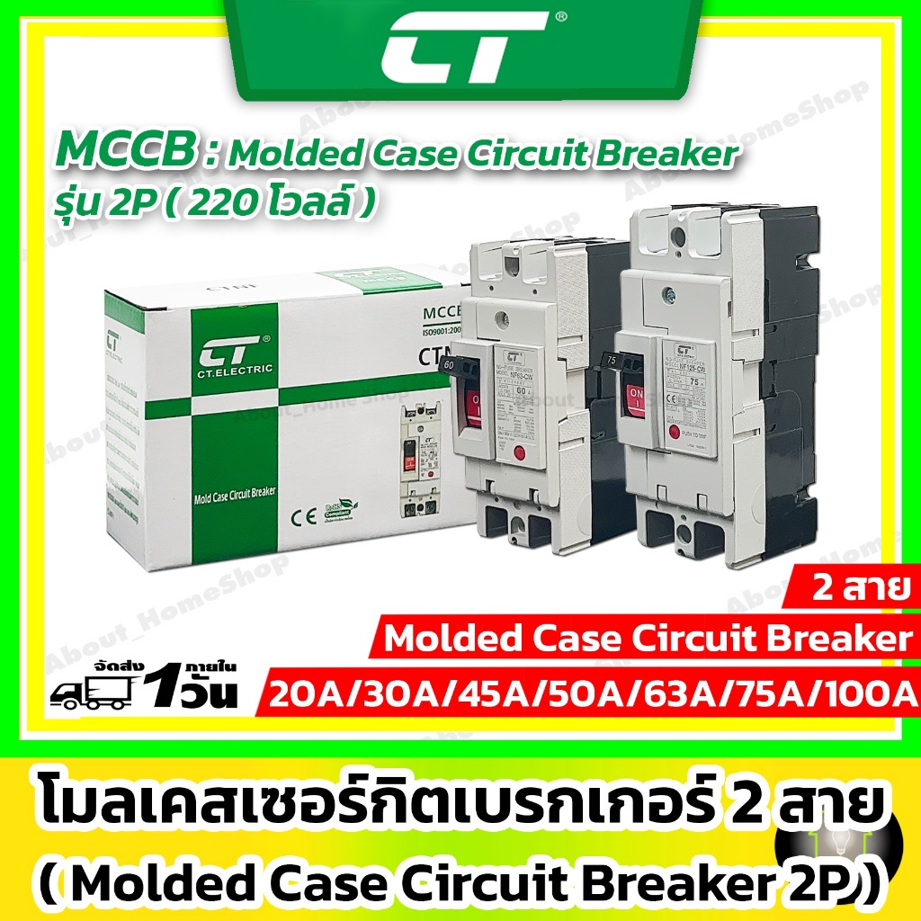 CT Electric - เซอร์กิตเบรกเกอร์ MCCB แบบ 2P ขนาด 20A 30A 40A 50A 60A 75A ( 220V ทนกระแส 5-10kA)