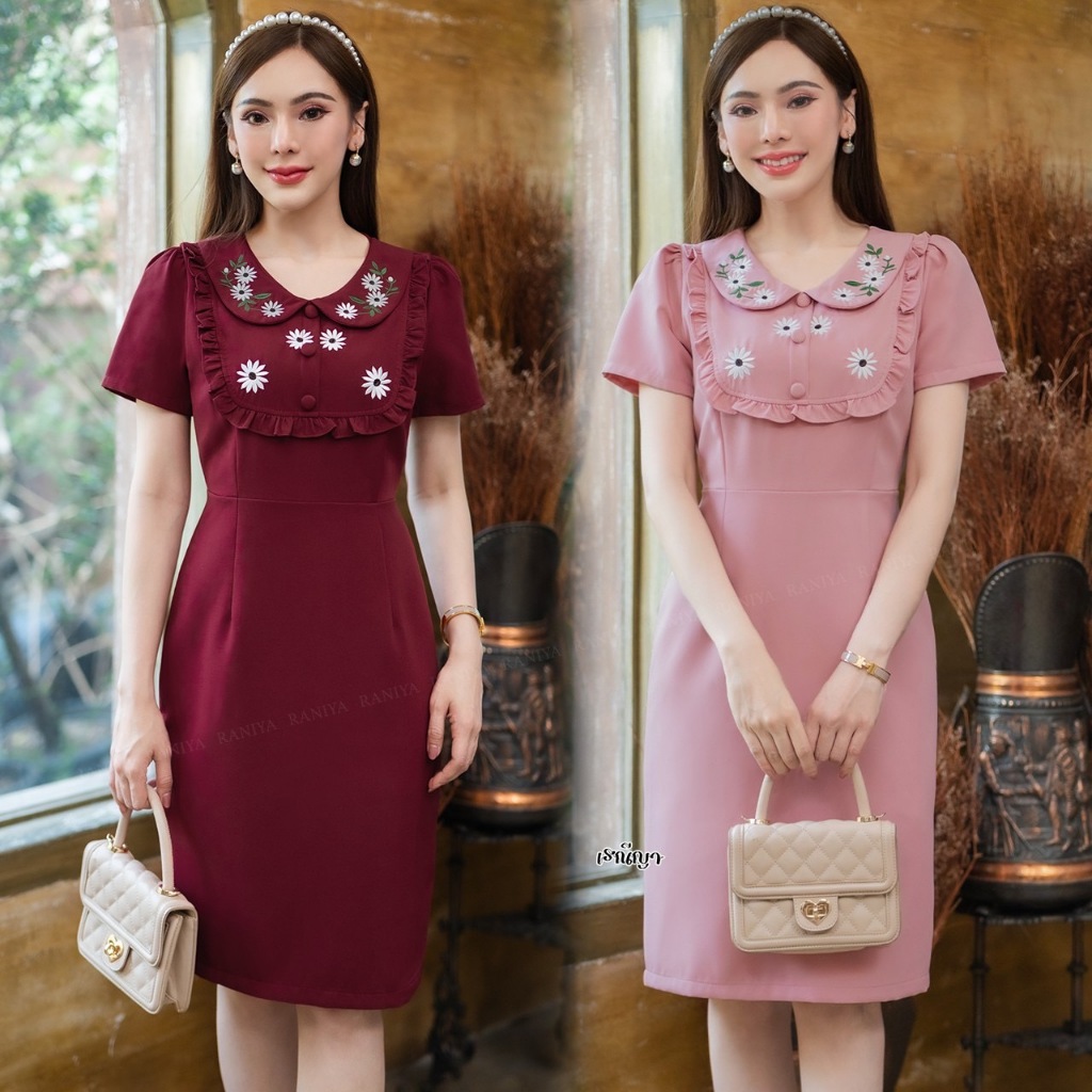 รหัส6750ชุดเดรสทรงสอบงานผ้าโพลีเอสเตอร์ คอบัวแต่งกระดุมหน้า ปักลายดอก ตัดต่อช่วงเอวทำให้ใส่แล้วมีสัดส่วน