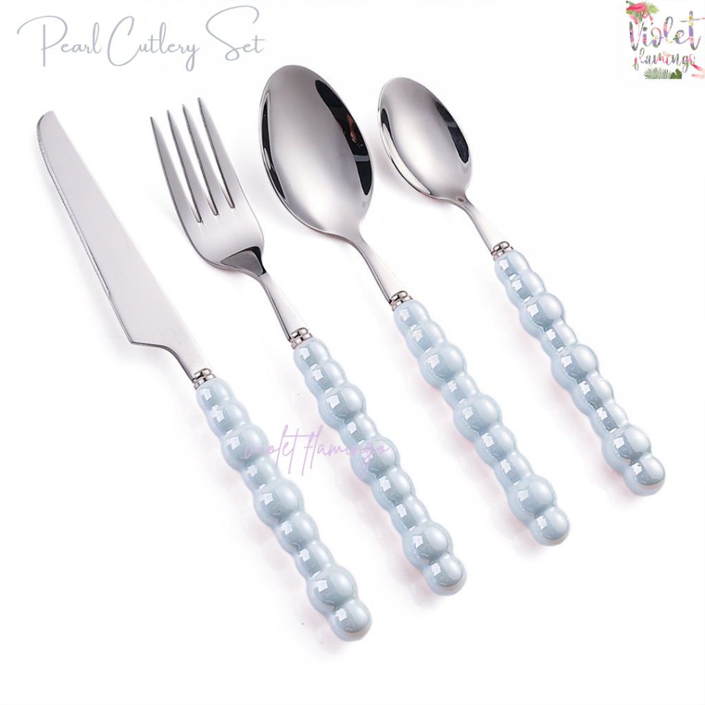 Violet Flamingo ชุดช้อนส้อมมีดและช้อนขนม เซ็ต 4 ชิ้น Pearl ช้อนสแตนเลส 304 อย่างดี ไม่ลอกไม่ดำ