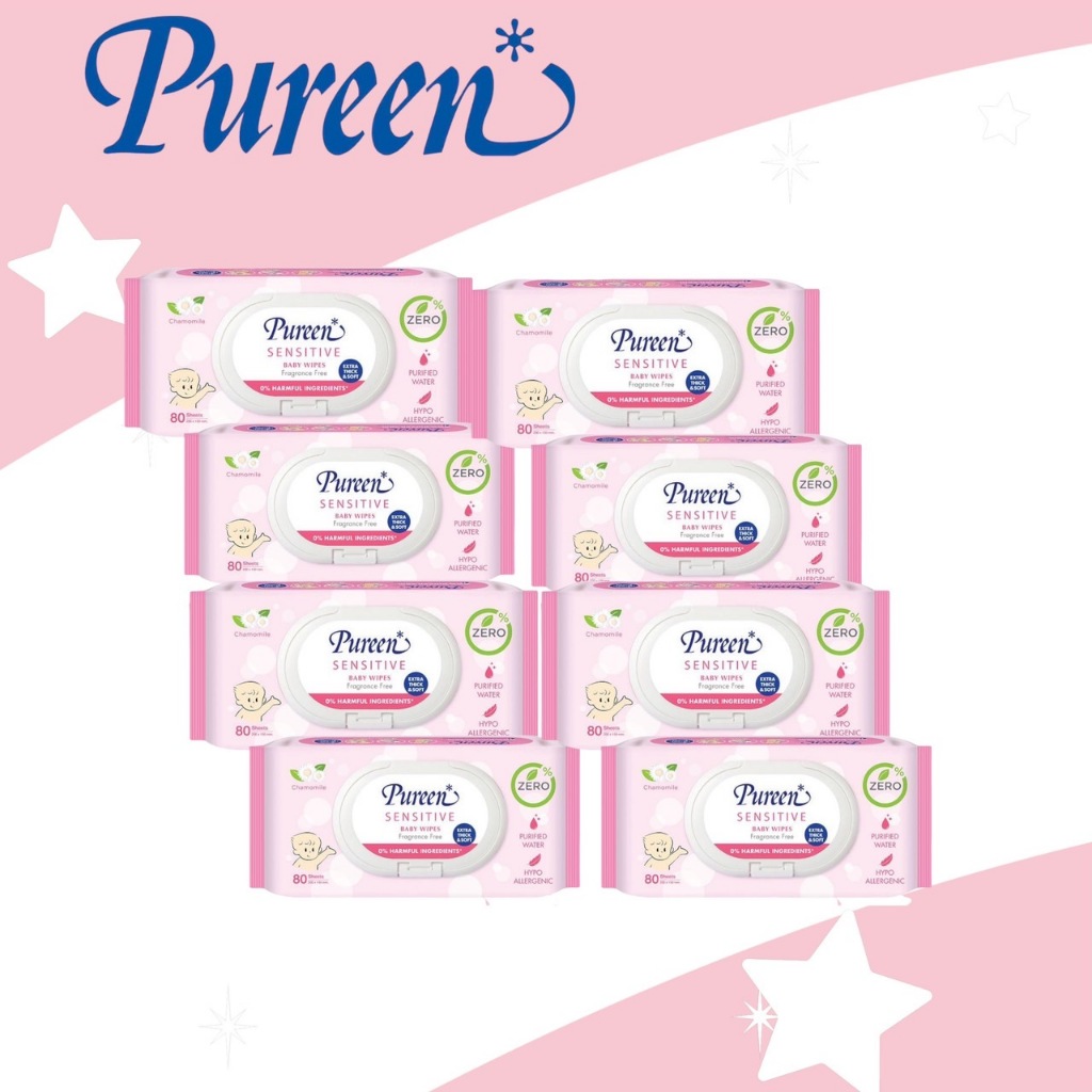 Pureen Baby Wipes เพียวรีน เบบี้ไวพ์ สูตร Sensitive จำนวน 8 ห่อ สีชมพู (640 แผ่น)