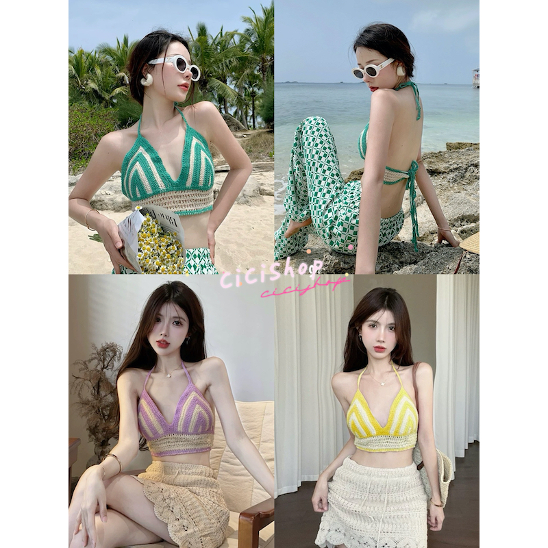Cicishop(919)บราสายเดี่ยวผ้าถัก สีสันสดใส สไลต์โบฮีเมียนต้อนรับSummerปีนี้สุดๆ
