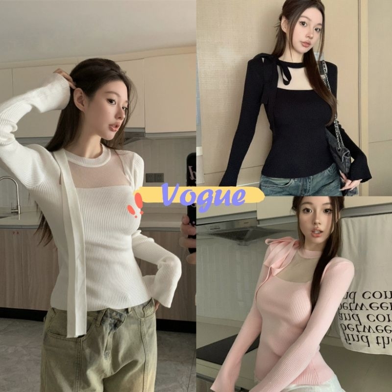 Vogue พร้อมส่ง เสื้อไหมพรมแขนยาว คอกลม ดีเทลซีทรูหน้าอก (D11)