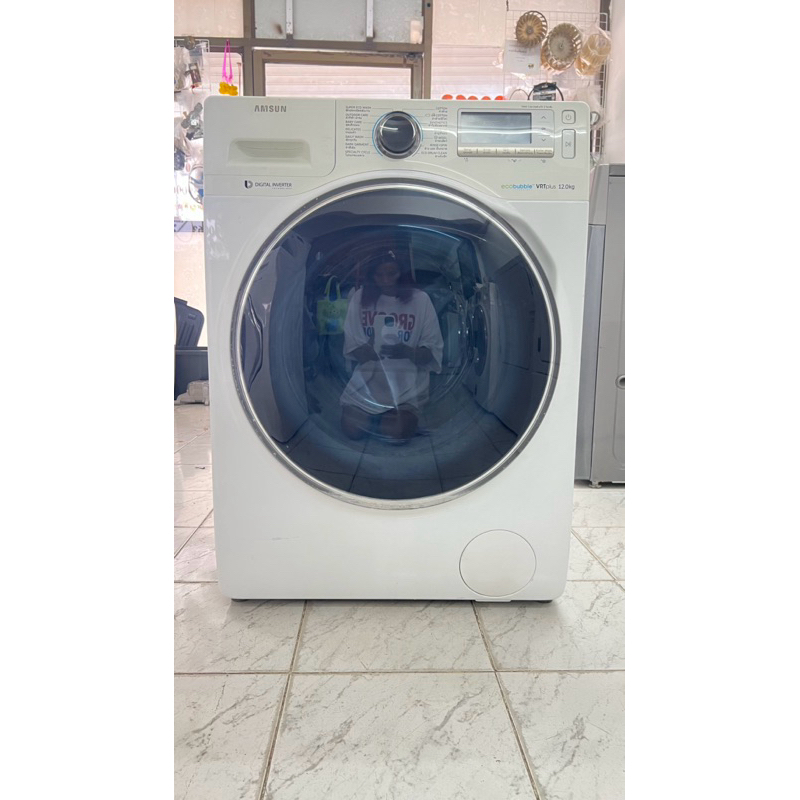 เครื่องซักผ้าฝาหน้า Samsung 12 kg มือสองสภาพดีพร้อมใช้งานได้ปกติ ระบบอินเวอร์เตอร์ ภายในสะอาด ล้างถัง