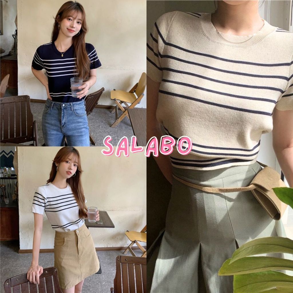 เสื้อยืดไหมพรม คอกลมแขนสั้น แต่งลายขวาง ผ้าใส่สบาย สไตล์เกาหลี #B32