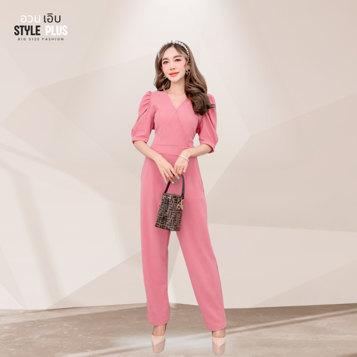 สินค้าใหม่!!! จั้มสูทขายาวสีชมพู บาร์บี้ มีไซส์สาวอวบ ชุดผู้หญิงสีชมพู ชุดออกงานสีชมพู จั้มสูทสาวอวบสีชมพู