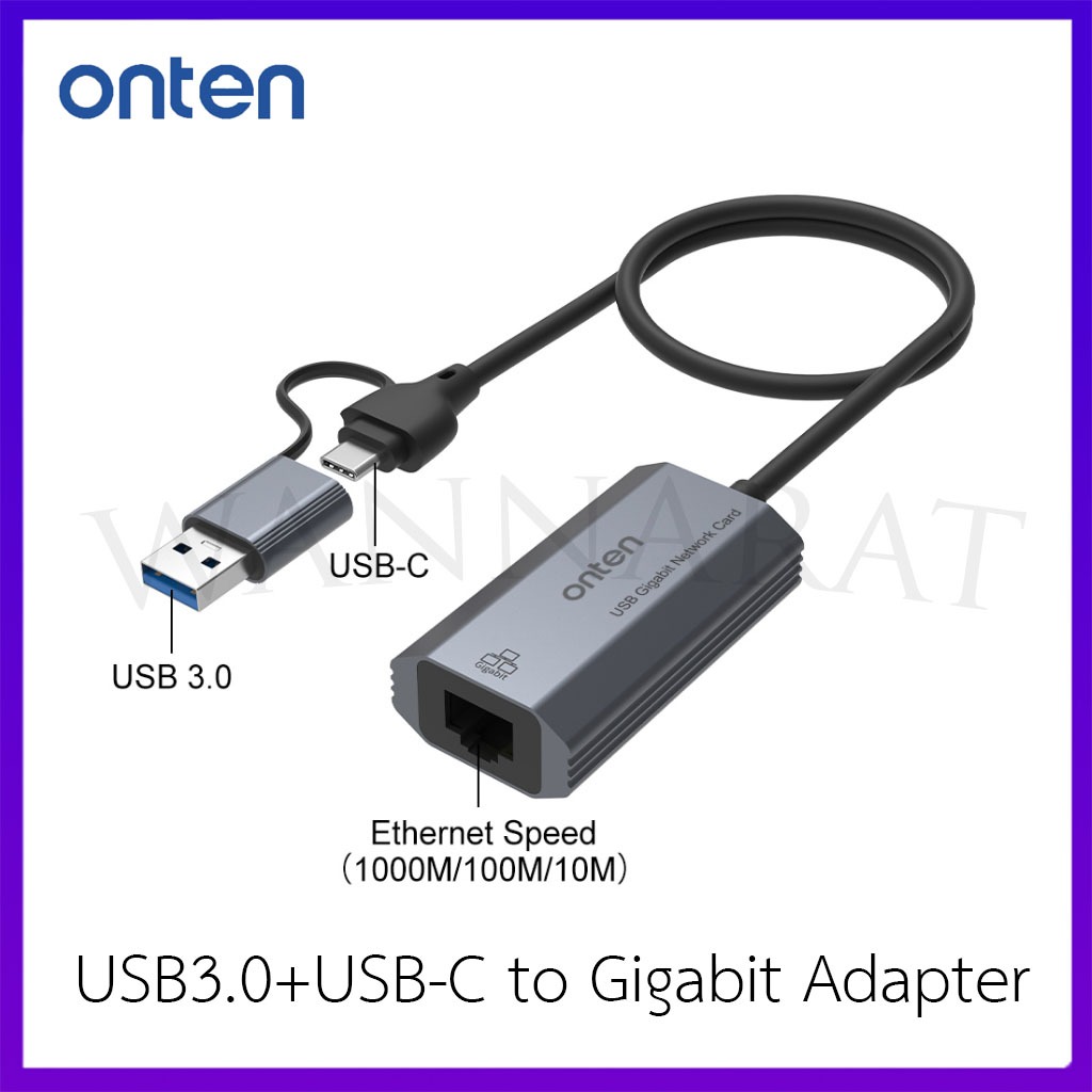 Onten USB3.0+USB-C to Gigabit Adapter UE101 10/100/1000 สายแปลงสัญญาณ USB เป็น Lan