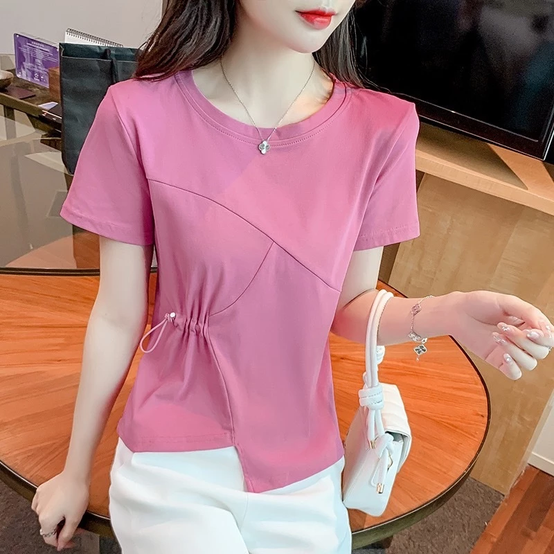 ps-รุ่น-355เสื้อยืดแขนสั้นคอกลมเอวข้างแต่งเชื่อกดึงได้มาใหม่ สุดฮิตสไตล์เกาหลี ผ้านุ่มสวมใส่สบาย พร้อมส่ง