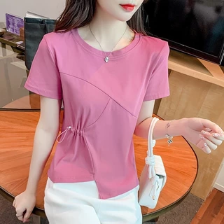ps-รุ่น-355เสื้อยืดแขนสั้นคอกลมเอวข้างแต่งเชื่อกดึงได้มาใหม่ สุดฮิตสไตล์เกาหลี ผ้านุ่มสวมใส่สบาย พร้อมส่ง