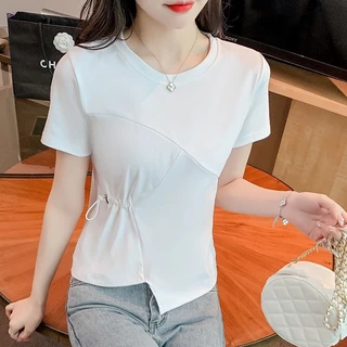 ps-รุ่น-355เสื้อยืดแขนสั้นคอกลมเอวข้างแต่งเชื่อกดึงได้มาใหม่ สุดฮิตสไตล์เกาหลี ผ้านุ่มสวมใส่สบาย พร้อมส่ง