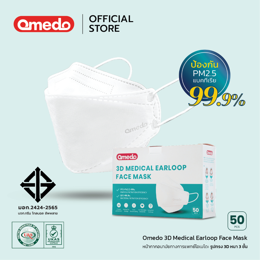 [Official Store] Omedo 3D Medical Face Mask มอก.ระดับที่ 2 รูปทรง 3D หนา 3 ชั้น (สีขาว) บรรจุ 50 ชิ้