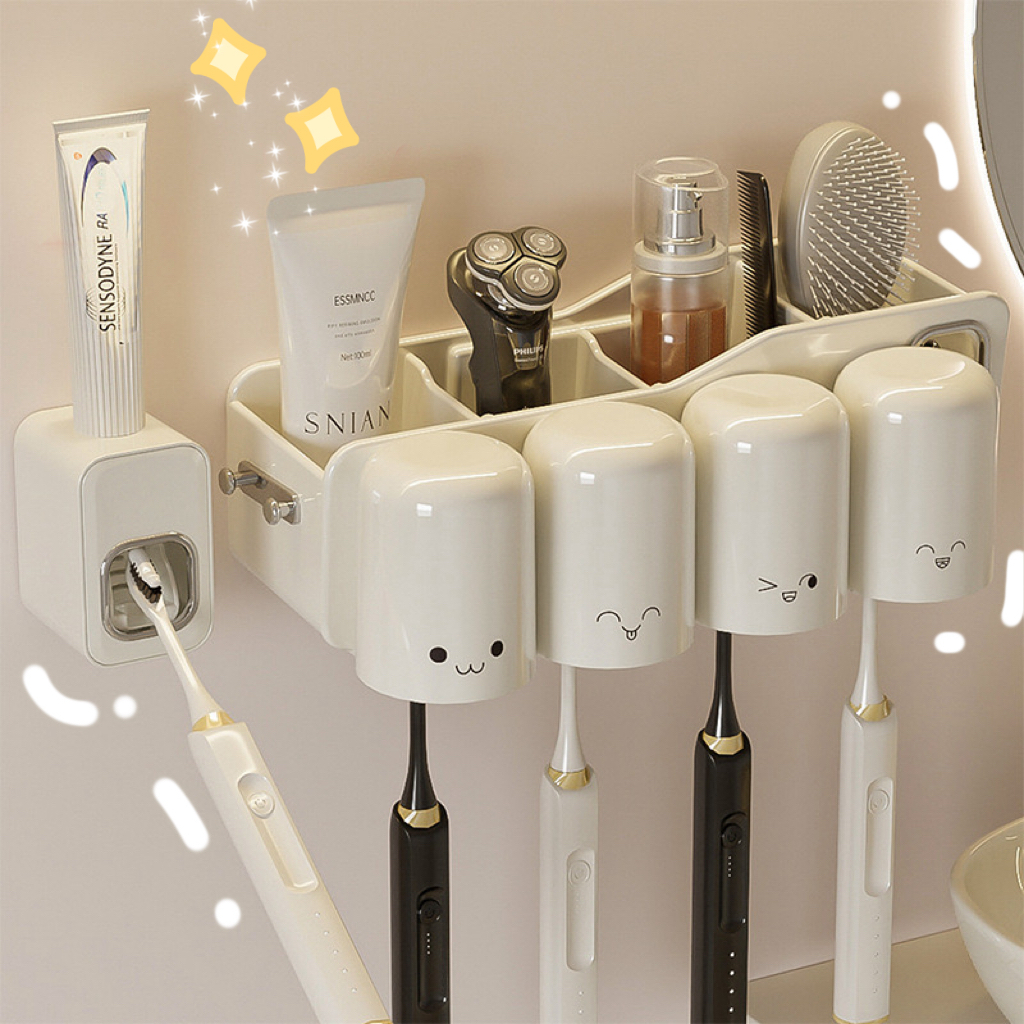 ที่เก็บแปรงสีฟันในห้องน้ำ ติดตั้งง่าย ที่บีบยาสีฟันอัตโนมัติ แก้วแปรงฟันแบบติดผนัง กล่องใส่แปรงสีฟัน ไม่ต้องเจาะ KKHOME