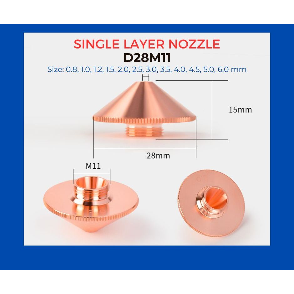 หัวตัดไฟเบอร์เลเซอร์แบบ Nozzle Single Layer ขนาด D28M11 สำหรับตัดสแตนเลส