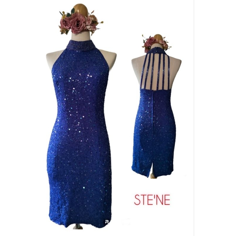 เดรสสีน้ำเงิน Navy blue (F29) คอปีนปักปล้องและเลื่อม ผ้าไหมผสม(อินเดีย) แบรนด์มือสอง :Size S (34-28-