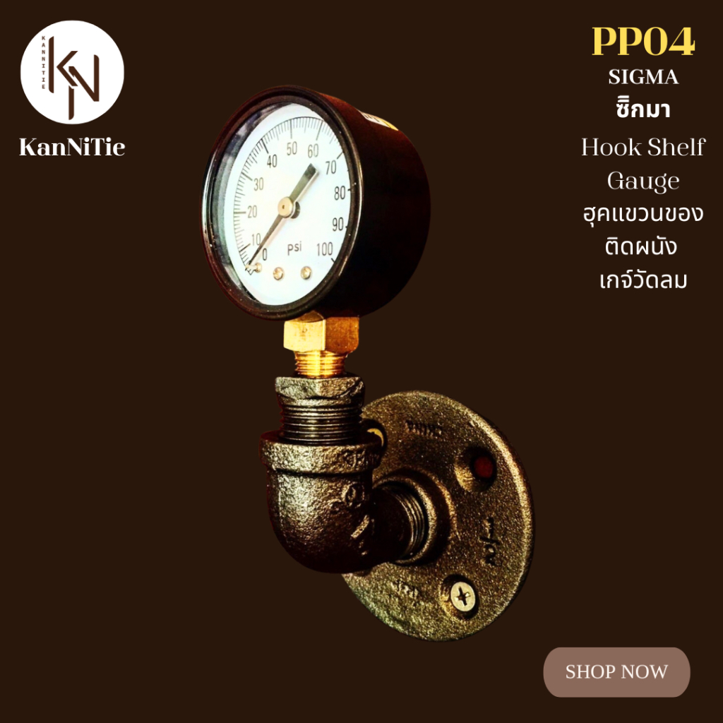 KanNiTie PP04 ฮุกตะขอแขวนลอฟท์ติดผนัง เกจ์วัดลมเฟอร์นิเจอร์ตกแต่งบ้าน 9.8x12 ซม. Gauge Pipe Hook Fur