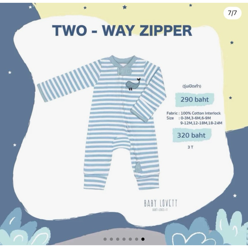(New ต่ำกว่าแบรนด์!) Baby Lovett - ชุดนอนเปิดเท้า Two-way zipper ปลาวาฬสีฟ้า / 9-12