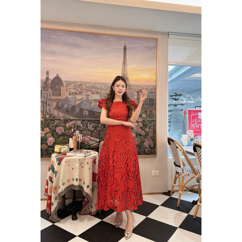 (mขึ้นไปเพิ่ม1ไซส์ s-4xl) เดรสยาว ผ้าทอ ลายกุหลาบ แขนระบายสวยๆ งานป้าย chalita