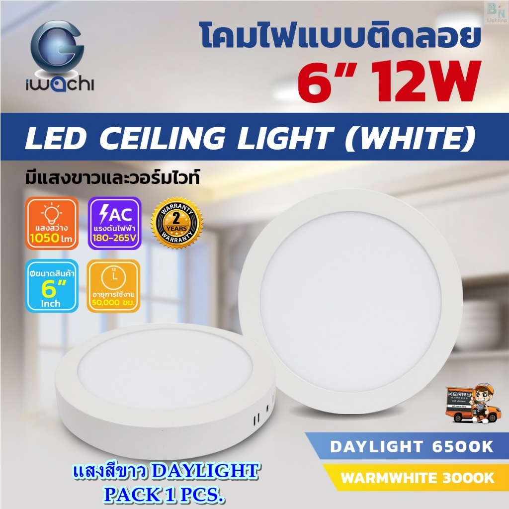 โคมไฟดาวน์ไลท์ LED แบบติดลอย ดาวน์ไลท์ติดลอย แบบกลม 8 นิ้ว 18W ขอบขาว ดาวไลท์ LED หลอด LED Downlight led IWACHI (1 ชุด)
