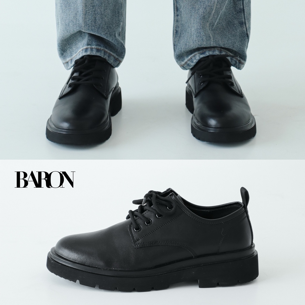 BARON MATT Black Leather Shoes รองเท้าหนังวัวหัวมน มีเชือกผูก รองเท้าคัชชูผู้ชาย