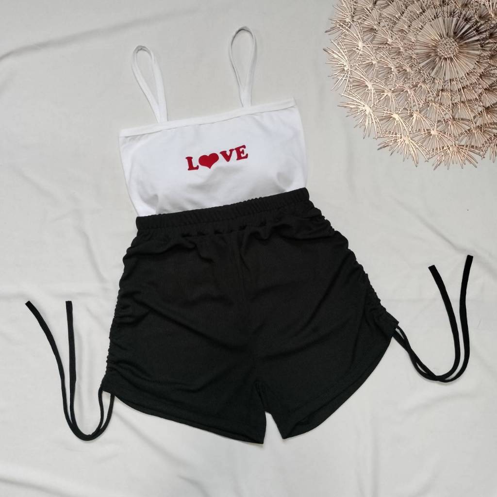 กางเกงขาสั้น+สายเดี่ยว ชุดเซทสองชิ้นหญิง ใส่สบาย ใส่เล่นน้ำสงกรานต์ได้จ้า เอวยืด23-30